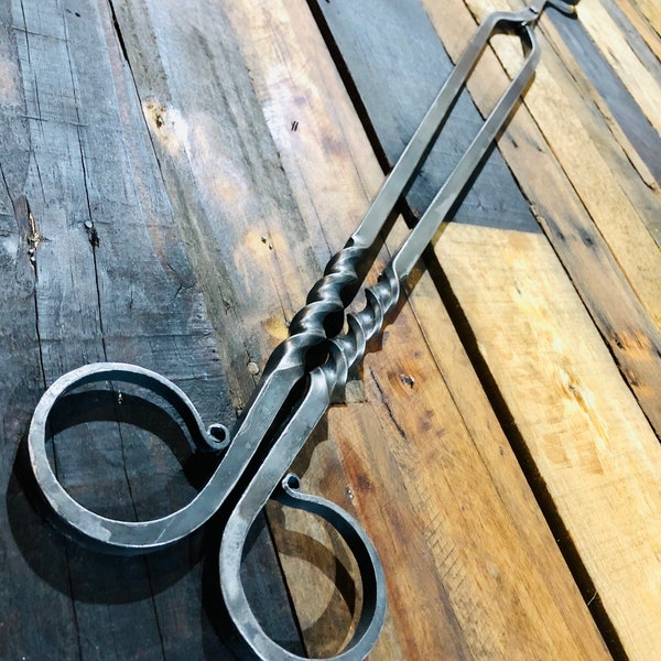 Hand Forged Log Tongs: Fire Pit Tool, Twisted Handle