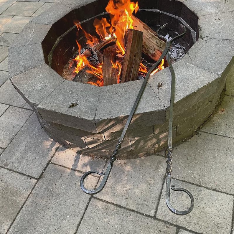 Hand Forged Log Tongs: Fire Pit Tool, Twisted Handle image 12