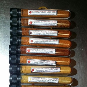 100% Organic Carolina Reaper, Moruga Scorpion, Scorpion Butch T, Ghost pepper Vials perfect for all gifts. California Blazing Chile Farms image 1