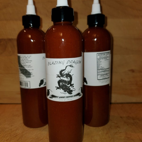 Blazing Dragon Ghost Pepper Sriracha made w/ 100% Organic Peppers. Made in the U.S.A.  Smoldering hot and delicious hot sauce! INFERNO!