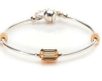 Sterling Silver Bracelet with Gold Fluted Barrel Bead and Sterling Silver Tubing Magnetic Clasp with Chain