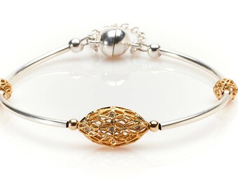 Gold Filigree with embeded Swarovski Crystals Sterling  Silver Tubing Magnetic Clasp with Chain