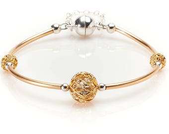 Gold Filigree Bracelet with Embeded Swarovski Crystals Sterling  Silver Tubing Magnetic Clasp with Chain