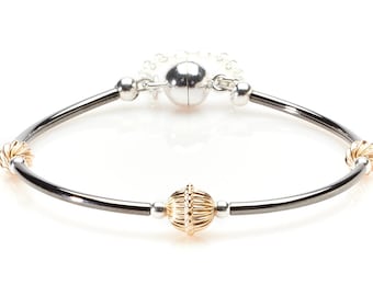 Oxidized Silver Bracelet with Gold Fluted Bead and Sterling Silver Magnetic Clasp with Chain