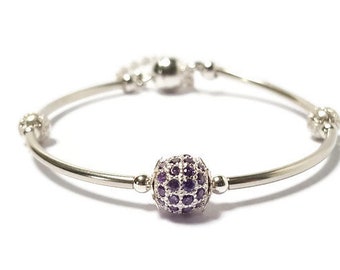 Magnetic Clasp Sterling Silver Micro Pave Lilac Bead with Sterling Tubing