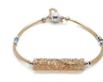 Magnetic Clasp Sterling Swarovski Champagne Rock Crystal  with Gold Filled Tubing