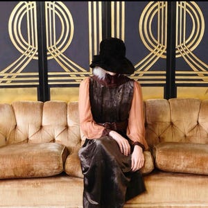 Antique Velvet Dress 1920s, Sheer Sleeves, Brown, Belted