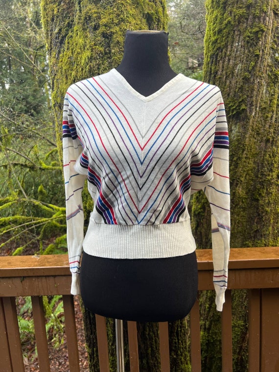 Vintage Sweater Cream w Stripes Knit Top, 70s 80s… - image 1