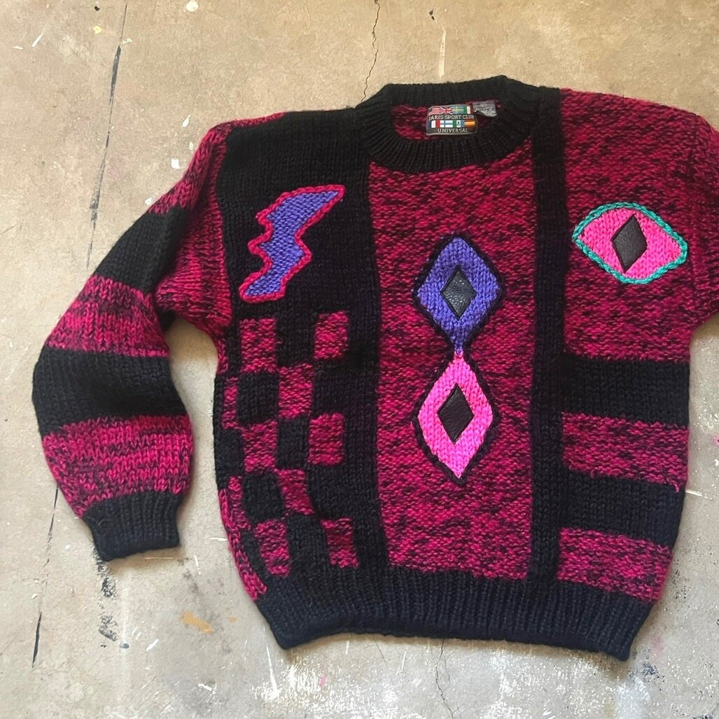 AmyLuxShop Vintage Sweater, 80s, Retro Geometric, Paris Sports Club Tops, Eye, Lightning AmyLuxShop Vintage Sweater, 80s, Retro Geometric, Paris Sports Club Tops, Eye, Lightning