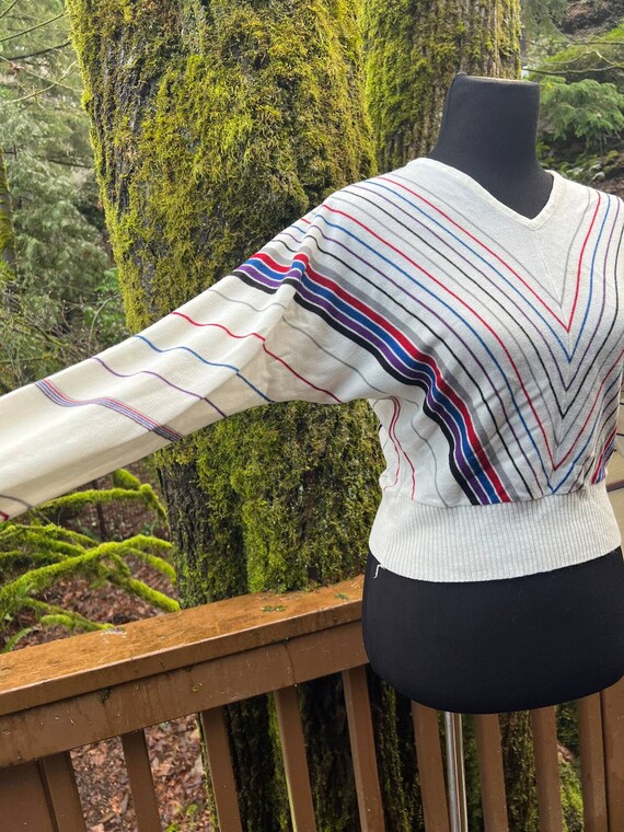 Vintage Sweater Cream w Stripes Knit Top, 70s 80s… - image 3
