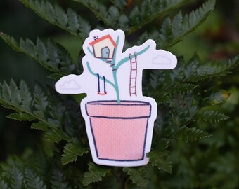 Treehouse Sticker | Decorative Die-Cut Vinyl Sticker for Water Bottle Cute Imaginative Whimsical Illustration Potted Plant Kawaii Garden