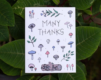 Many Thanks Card | Love, Thank You Card, Thank You Note, Thanks, Cute Card, Friendship Card, Mushrooms, Fungi, Woodland, Nature, Plants, Log