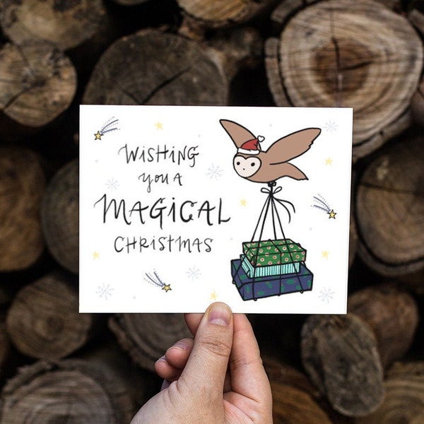 Magical Christmas Card | Merry Christmas Card Happy Holidays Happy Christmas Owl Post Hedwig Owls Hoot Winter Magic Fantasy Pigwidgeon Errol