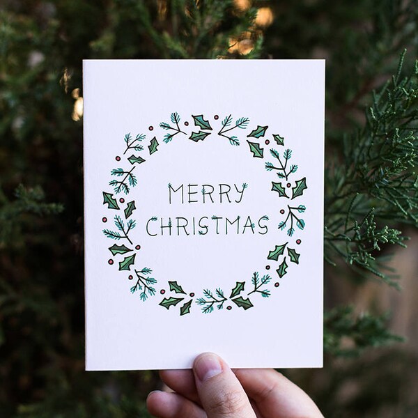 Merry Christmas Wreath Card | Winter Happy Holidays Season's Greetings Holly Pine Tree Christmas Tree Tannenbaum Falala Cute Christmas Green