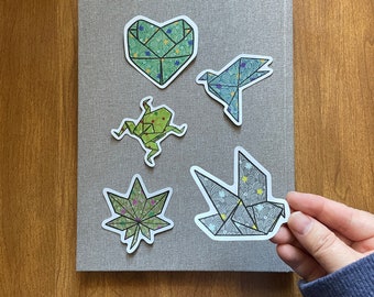 Origami Love Sticker Pack | Set of 5 Vinyl Die-Cut Stickers | Kawaii Japanese Origami Stickers Bird Frog Maple Leaf Heart