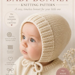 May include: A knitted baby bonnet in cream color, with a matching sweater, worn by a baby. The bonnet has a ribbed brim and ties. The text on the image says "Knitted Baby Bonnet Knitting Pattern" and "Sizes Newborn to 3 Months."