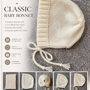 Knitted Baby Bonnet Pattern PDF | Beginner Knitting Pattern | Newborn Baby Bonnet | Easy Knit Baby Hat | Digital Download