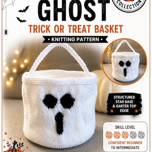 May include: A white knitted ghost trick or treat basket with a black ghost face, a handle, and a structured star base. The text reads KNTHWN 003, MK Crafts UK, GHOST TRICK OR TREAT BASKET, KNITTING PATTERN, HALLOWEEN COLLECTION, and SKILL LEVEL.