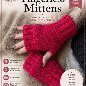 May include: A pair of bright pink fingerless mittens with a ribbed cuff and textured stitch pattern. The instructional document features the text MK CRAFTS, Beginner Fingerless Mittens, KNIT 002, and lists three sizes for hand circumferences of 16-17 cm, 18-19 cm, and 20-21 cm.