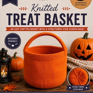 May include: A bright orange knitted treat basket with a handle and a structured star-shaped base. The image includes text: KNTHWN 002, MK CRAFTS UK, Knitted TREAT BASKET, AN EASY KNITTED BASKET WITH A STRUCTURED STAR-SHAPED BASE, BEGINNER FRIENDLY, STRUCTURED STAR BASE.