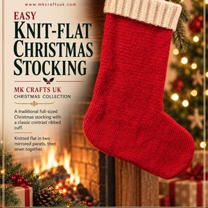 May include: A red knit Christmas stocking with a beige ribbed cuff. The text reads: MK Crafts UK, Easy Knit-Flat Christmas Stocking, KNTXMS 001, Beginner Level. Specifications include DK yarn weight, 4 mm straight needles, and 35 cm height.