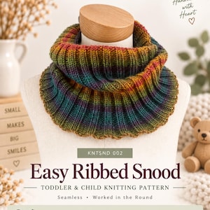 May include: A multi-colored, ribbed knit snood displayed on a mannequin. The text reads: MK Crafts UK, KNTSND 002, Easy Ribbed Snood, Toddler & Child Knitting Pattern, Seamless, Worked in the Round, Toddler & Child Sizes, No Sewing, 40-45g DK Yarn, 4 mm Circular Needles.