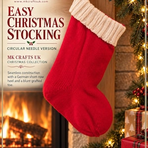 Puede incluir: Un calcetín navideño de punto rojo con un puño acanalado de color crema. El texto dice Easy Christmas Stocking, Circular Needle Version, MK Crafts UK, e incluye requisitos como agujas circulares de 4 mm y una altura final de 35 cm.