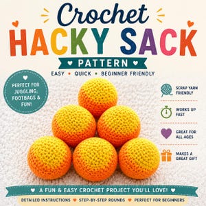 Gehaakt Hacky Sack-patroon pdf | Gemakkelijke zelfstudie voetenzak haken voor beginners | DIY-jongleerbalpatroon | Project schrootgaren | Direct downloaden
