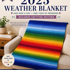 Può includere: Un modello di maglia per una coperta meteo 2025 intitolato MK Crafts. Il design presenta una coperta a righe color arcobaleno con il testo: One row a day, one year of memories, beginner knitting pattern, knit your year in colour.