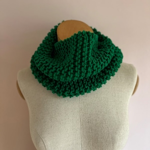 May include: A green knitted infinity scarf. The scarf is made with a chunky yarn and has a textured look.