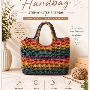 May include: A crocheted handbag in a rainbow of colors, with a step-by-step pattern. The bag is approximately 13.8 inches wide and 11.8 inches high, excluding handles. The design is beginner-friendly, simple, stylish, and perfect for everyday use.