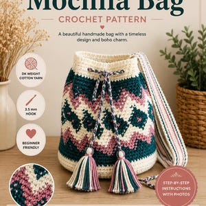 May include: A crochet pattern for a Mochila Bag. The bag has a cream, teal, and dusty pink chevron design. The finished size is approximately 22 cm wide and 28 cm tall. The pattern includes detailed instructions and is suitable for beginners.