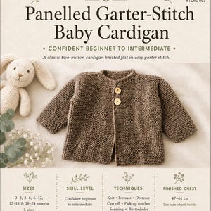 May include: A knitting pattern document for a Panelled Garter-Stitch Baby Cardigan by MK Crafts UK. The document features a brown, two-button baby cardigan, a knitted toy rabbit, and text detailing sizes from 0-24 months and techniques.