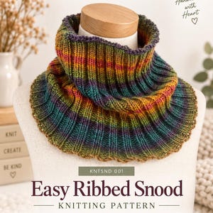 May include: A multicolored ribbed snood knitting pattern titled Easy Ribbed Snood by MK Crafts UK. The snood features a gradient of green, purple, and orange yarn. The text includes KNTSND 001, Adult Size, Worked in the Round, No Sewing, 50g DK Yarn, and 4 mm Circular Needles.
