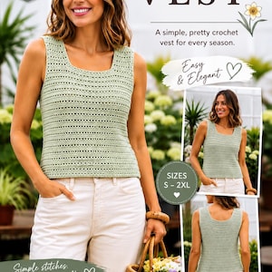 Op de afbeelding: Een lichtgroen gehaakt vest met een vierkante halslijn wordt getoond. Het woord "VEST" wordt in grote, vette letters weergegeven. De afbeelding bevat ook de tekst "Easy & Elegant" en "Simple stitches. Beautiful results."