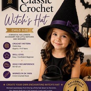 Op de afbeelding: Een zwarte gehaakte heksenhoed met een hoge, taps toelopende kroon, een brede rand en een paarse lintband met een kleine sterbedel. De tekst op de afbeelding bevat MK Crafts, CROHWN 002, Classic Crochet Witch's Hat en Halloween Collection.