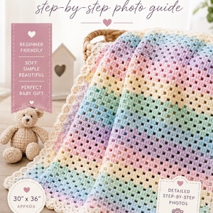 May include: A crocheted baby blanket in pastel colors, approximately 30" x 36", with a step-by-step photo guide. The blanket is folded in a basket, with a crocheted teddy bear and text that reads "Beginner Friendly" and "Perfect Baby Gift".