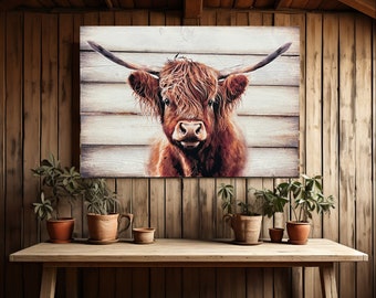 Highland Cow, Farmhouse Wall Decor, Canvas Handstretched Wood Frame, Cattle Wooden Background, Rustic Country Art, Ex Large Sizes Available