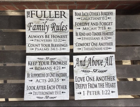 Family Rules Sign Bible Verses Scripture Free Personalization Kitchen Or Dining Room Four Piece Set Custom Canvas Valentines Day Gift