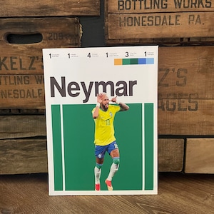 May include: A white card with a green background and a picture of Neymar, a Brazilian soccer player, wearing a yellow jersey. The card has the text "Neymar" in black letters and the number "1" in the top right corner.