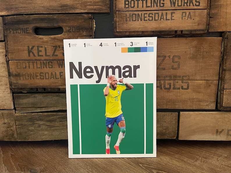 May include: A white card with a green background and a picture of Neymar, a Brazilian soccer player, wearing a yellow jersey. The card has the text "Neymar" in black letters and the number "1" in the top right corner.