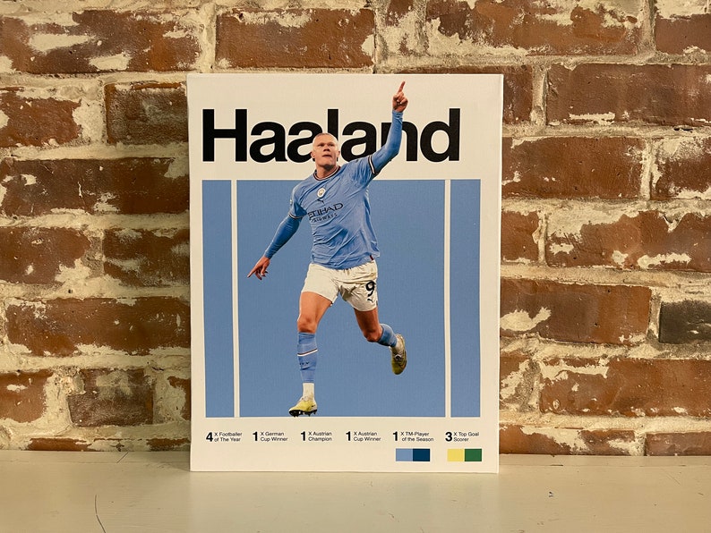 May include: A poster featuring a photo of a soccer player in a blue jersey with the text "Haaland" at the top. The player is celebrating a goal with his arm raised. The poster also includes a list of the player's accomplishments, including "4 x Footballer of the Year", "1 x German Cup Winner", "1 x Austrian Champion", "1 x Austrian Cup Winner", "1 x TTM Player of the Season", and "3 x Top Goal Scorer".