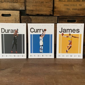 May include: Three white framed posters with black, blue, and yellow backgrounds. Each poster features a basketball player in action with their name and team name. The posters are titled "Durant", "Curry", and "James".
