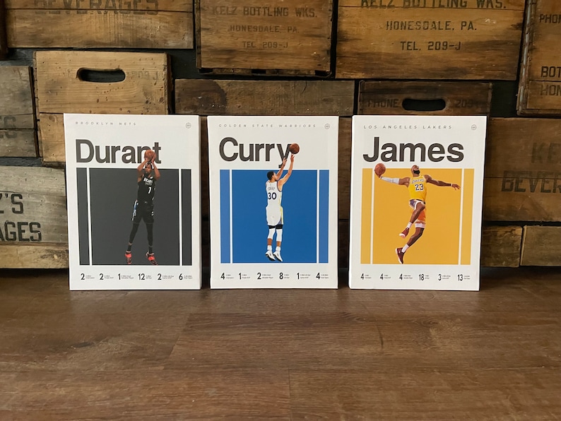 May include: Three white framed posters with black, blue, and yellow backgrounds. Each poster features a basketball player in action with their name and team name. The posters are titled "Durant", "Curry", and "James".