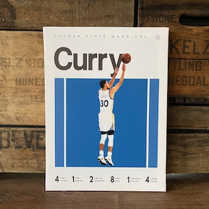 May include: A poster featuring a basketball player in a yellow and blue jersey with the name "Curry" and the number "30" on the back. The poster has the text "Golden State Warriors" at the top and lists the player's accomplishments, including "4 NBA Champion", "1 Finals MVP", "2 NBA Most Valuable Player", "8 NBA All-Star", "1 NBA All-Star Game MVP", and "4 NBA All-NBA First Team".