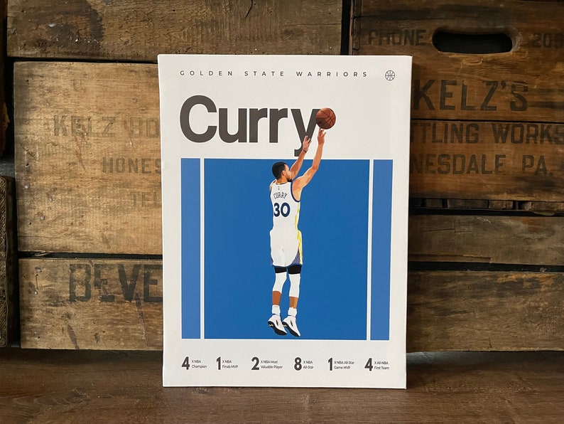 May include: A poster featuring a basketball player in a yellow and blue jersey with the name "Curry" and the number "30" on the back. The poster has the text "Golden State Warriors" at the top and lists the player's accomplishments, including "4 NBA Champion", "1 Finals MVP", "2 NBA Most Valuable Player", "8 NBA All-Star", "1 NBA All-Star Game MVP", and "4 NBA All-NBA First Team".