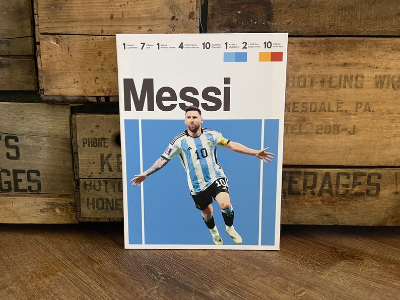May include: A poster featuring a photo of Lionel Messi in a blue and white soccer jersey, celebrating a goal. The poster has a blue background and the text "Messi" in black letters. The poster also includes a list of Messi's accomplishments, including the number of times he has won the Ballon d'Or, the Champions League, and the Copa America.