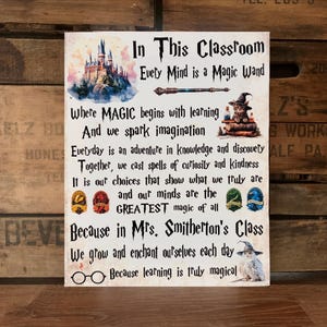 May include: A decorative sign with the text "In This Classroom Every Mind is a Magic Wand." The sign features a watercolor castle, a wand, a cat in a witch hat, and other magical elements. The sign is on a wooden surface.