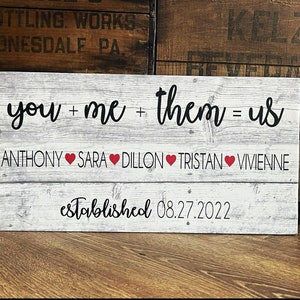 Blended Family Sign, You + Me + Them = Us, Family Room Decor, Handcrafted GIFT, Wedding Sign, Personalized RUSTIC Canvas, Bonus Mom and Dad