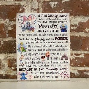 In This Disney Home, Wall Decor or Gift, Disney Themed Sign, Favorite Characters, Pirates, Fairies & The Force, PERSONALIZED Canvas, Plaque